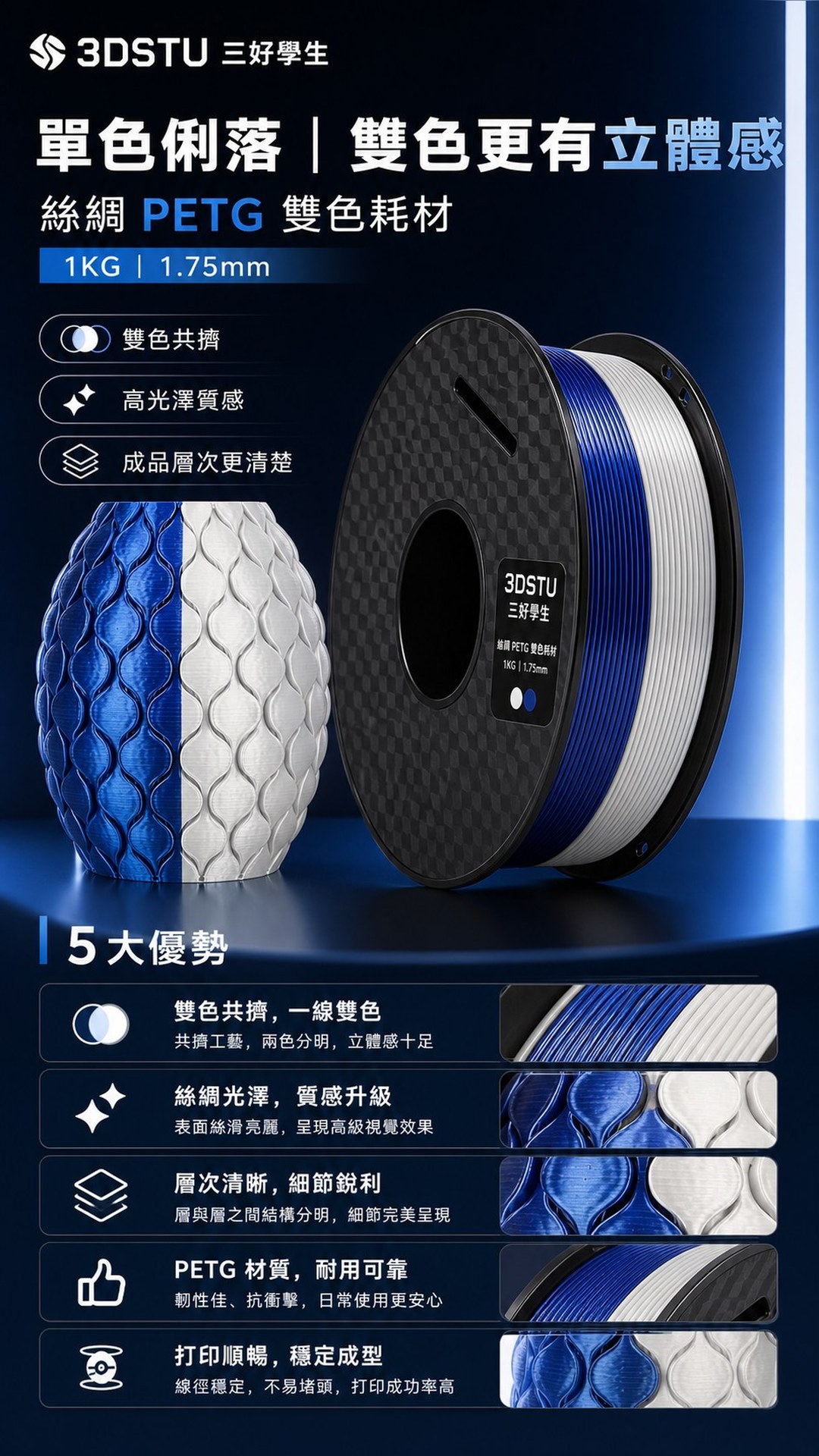 3DSTU 絲綢 PETG 雙色耗材詳情圖
